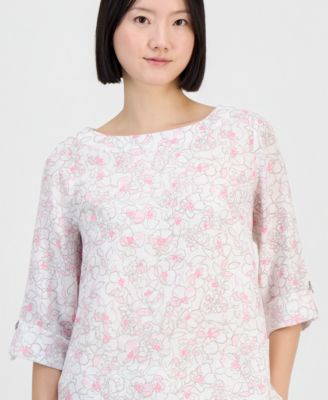 Women's Linen Sketched Floral 3/4-Sleeve Top