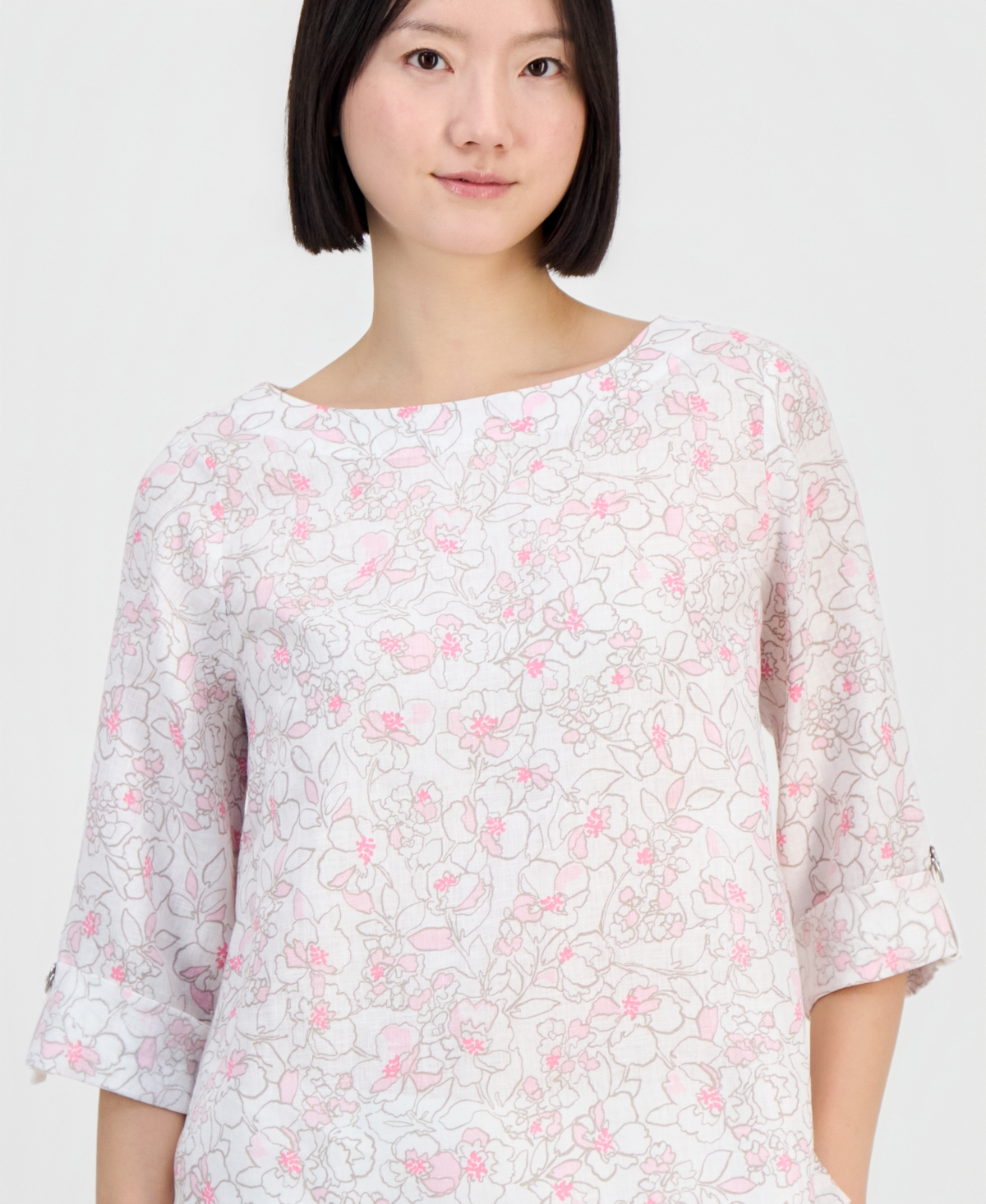 Charter Club Women's Linen Sketched Floral 3/4-Sleeve Top, Macy's Exclusive