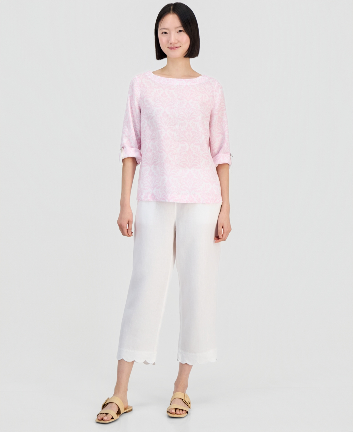 Charter Club Women's 100% Linen Cropped Scalloped-Hem Wide-Leg Pants, Macy's Exclusive