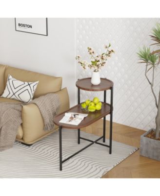 Modern 2-Tier Wood Side Table with Storage Shelf in Walnut Brown