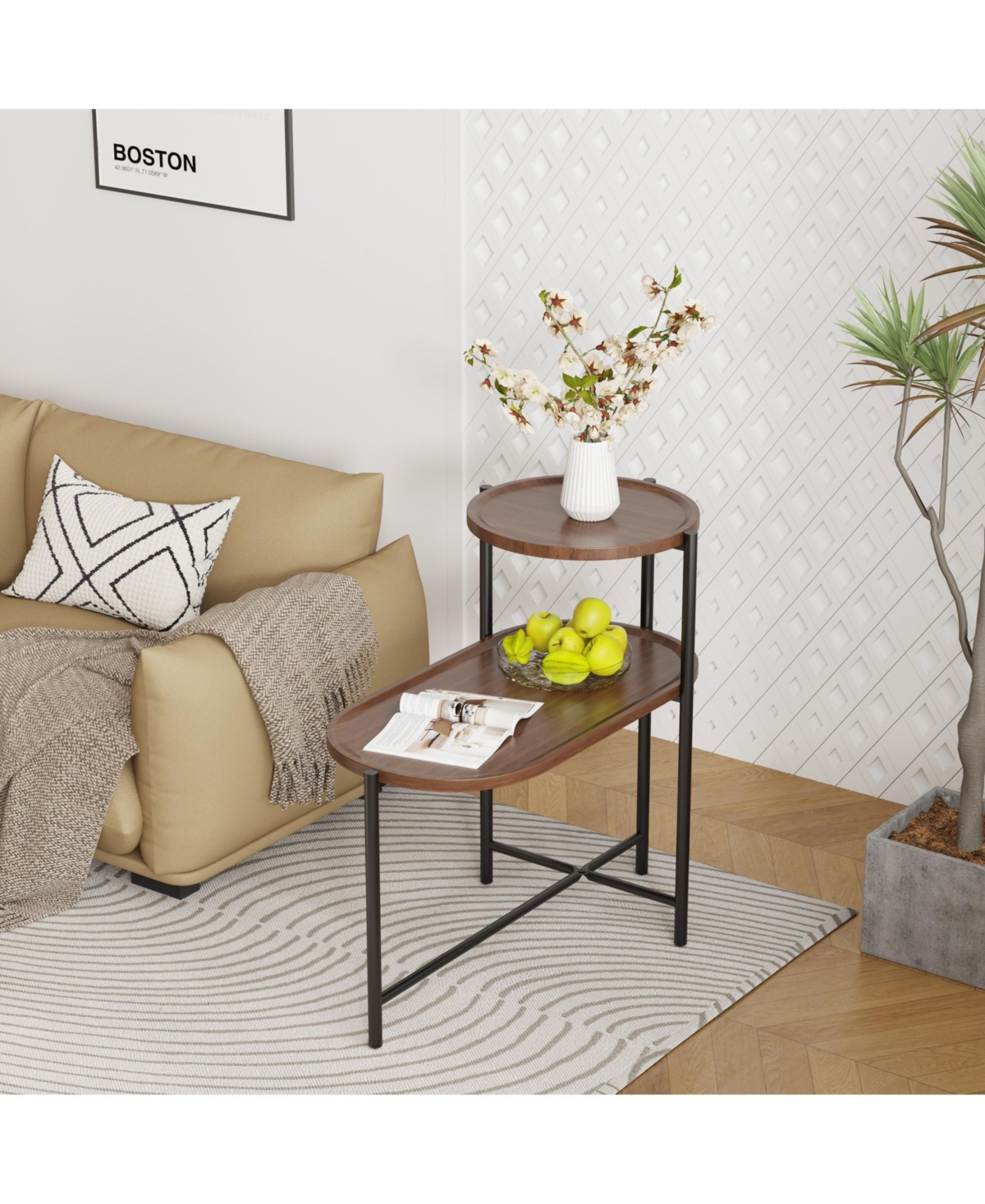 sumyeg Modern 2-Tier Wood Side Table with Storage Shelf in Walnut Brown