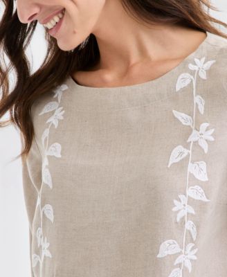 Women's 100% Linen Floral-Embroidered 3/4-Sleeve Top, Macy's Exclusive