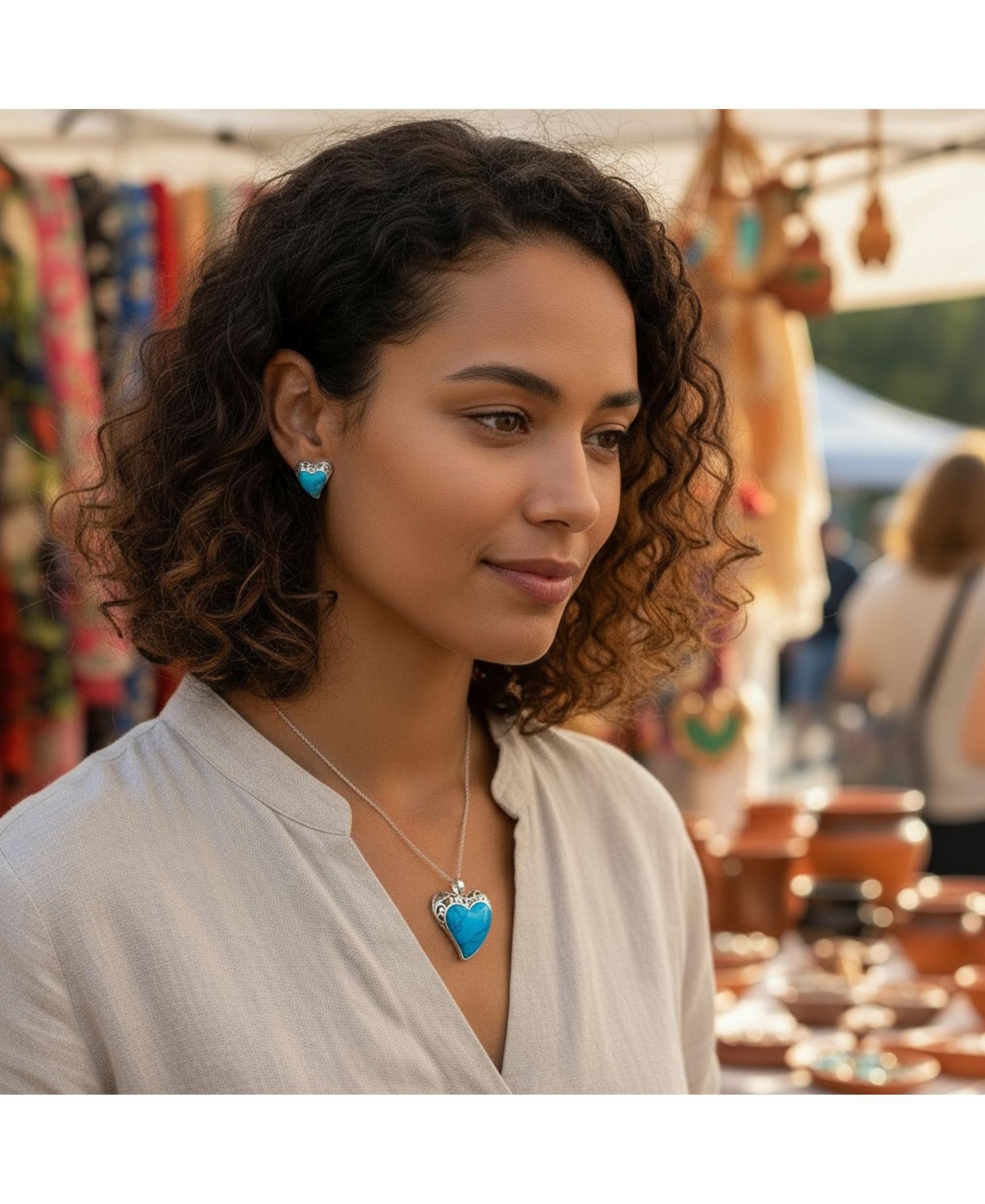 Bling Jewelry Filigree Turquoise Heart Necklace and Stud Earrings Jewelry Set Sterling Silver