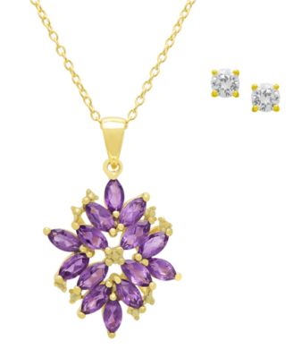 2-Pc. Amethyst, White Topaz (3.54 ct. t.w.) & Diamond (0.005 ct. t.w.) Pendant Necklace & Earrings Set in Yellow Gold Plated Sterling Silver