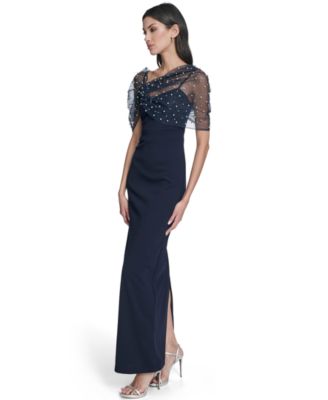 Women's Spaghetti Strap Beaded Twist Overlay Gown