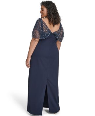 Plus Size Short-Sleeve Spaghetti Strap Beaded Twist Overlay Gown