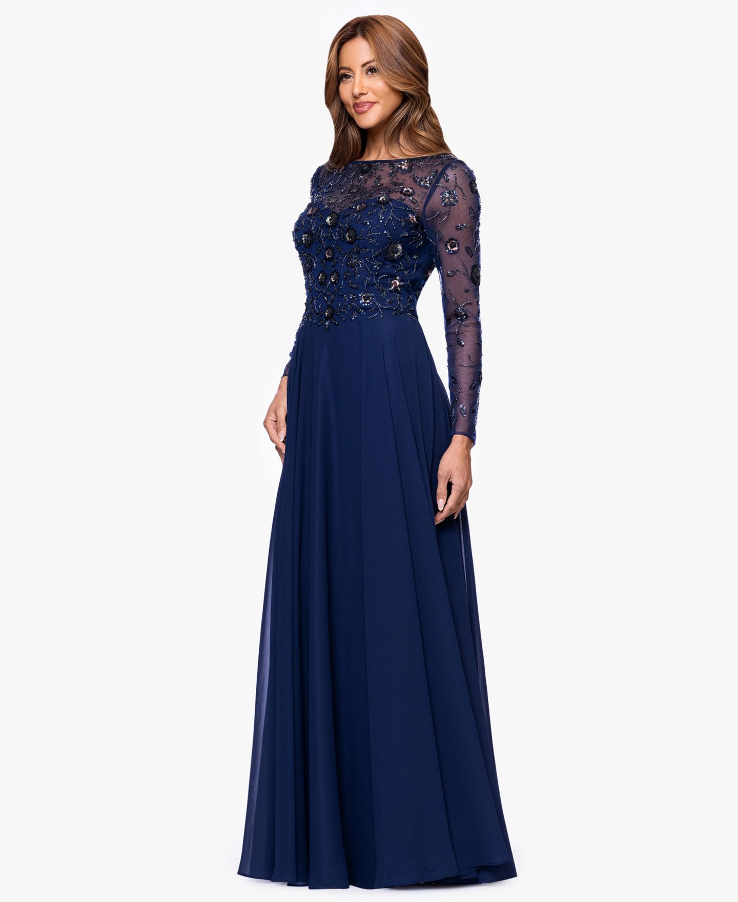 Женские платья XSCAPE Long-Sleeve Boat Neck Gown, цвет: Тёмно-синий — фото 2