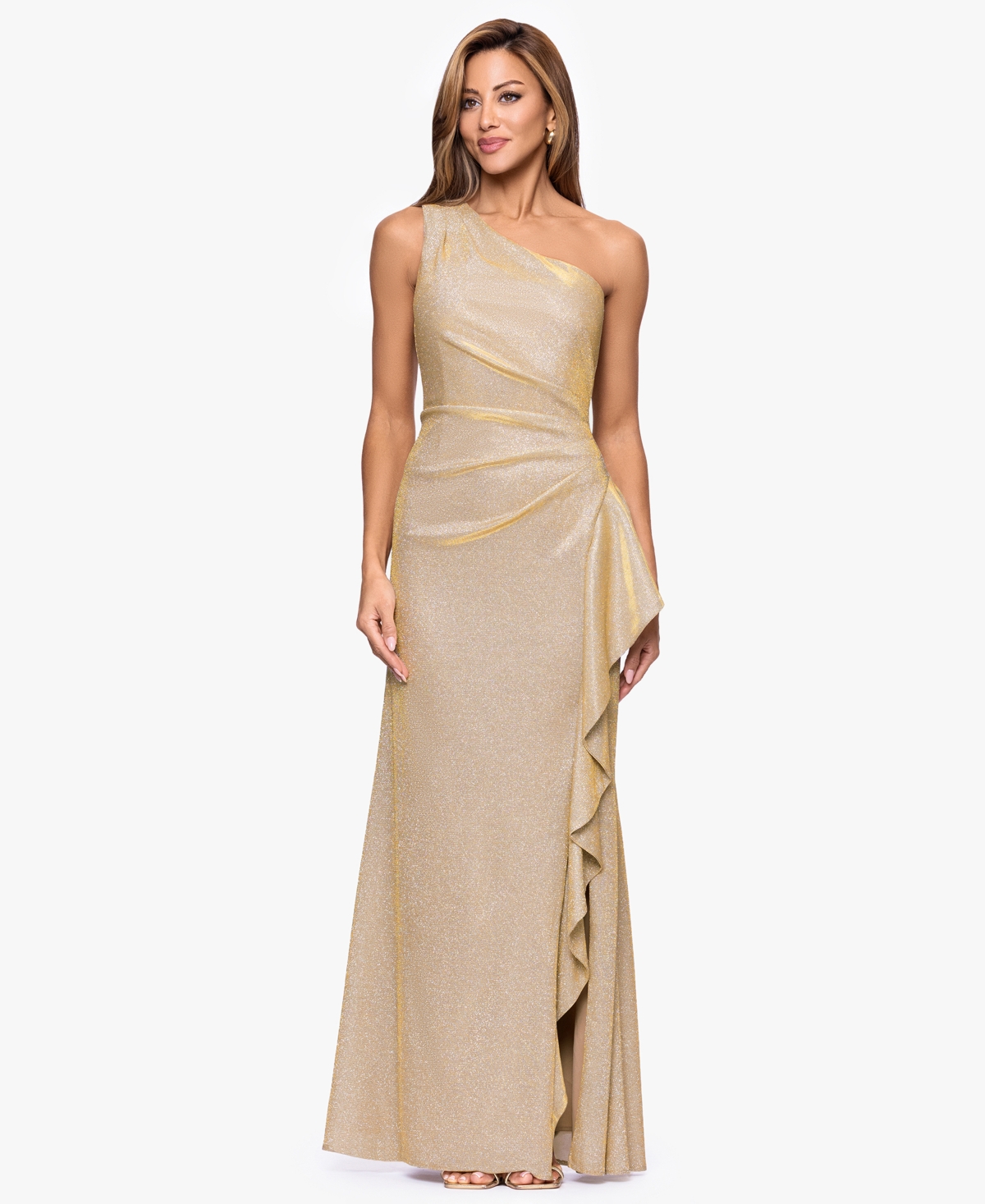 Xscape Women's One-shoulder Glitter Long Dress In Gold