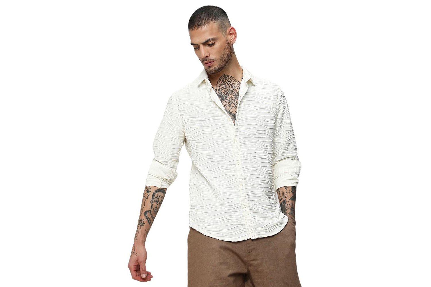 Men's Ivory White Self-Design Wave Shirt