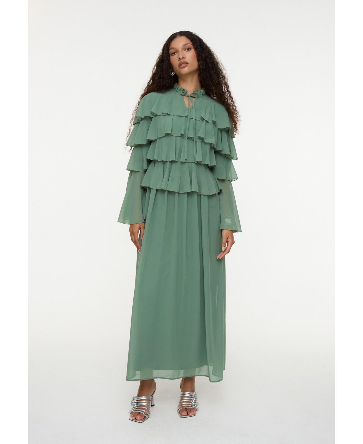 Women's Modest Ruffle Chiffon Dress Maxi With Designer Sleeve