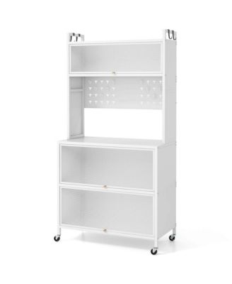 5 Tier Kitchen Bakers Rack Flip Door Cabinets Pegboard & Hooks