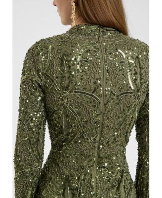 Women's Modest Embellished Sequin Beaded Dress Maxi With Trail