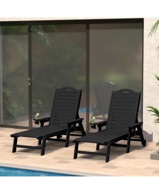 Outdoor HDPE Patio Chaise Lounges With Wheels & Cup Holder (Set of 2)