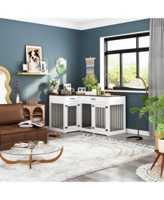 Corner Dog Crate Furniture with 2 Drawers, Space-Saving Dog Kennel Cage