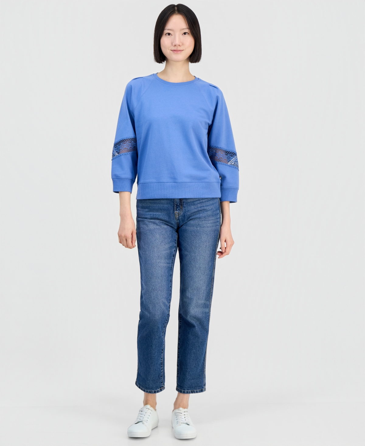 Nautica Jeans Women's Pleated Lace-Trim 3/4-Sleeve Sweatshirt