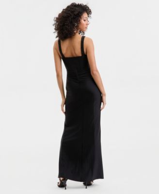Juniors' Beaded-Bodice High-Slit Gown