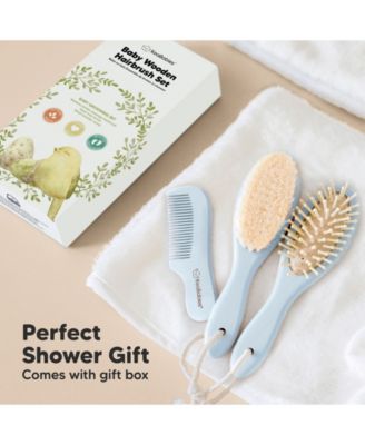 Baby Hair Brush and Comb Set, Oval Wooden Baby Brush Set for Newborns, Infant, Toddler Grooming Kit