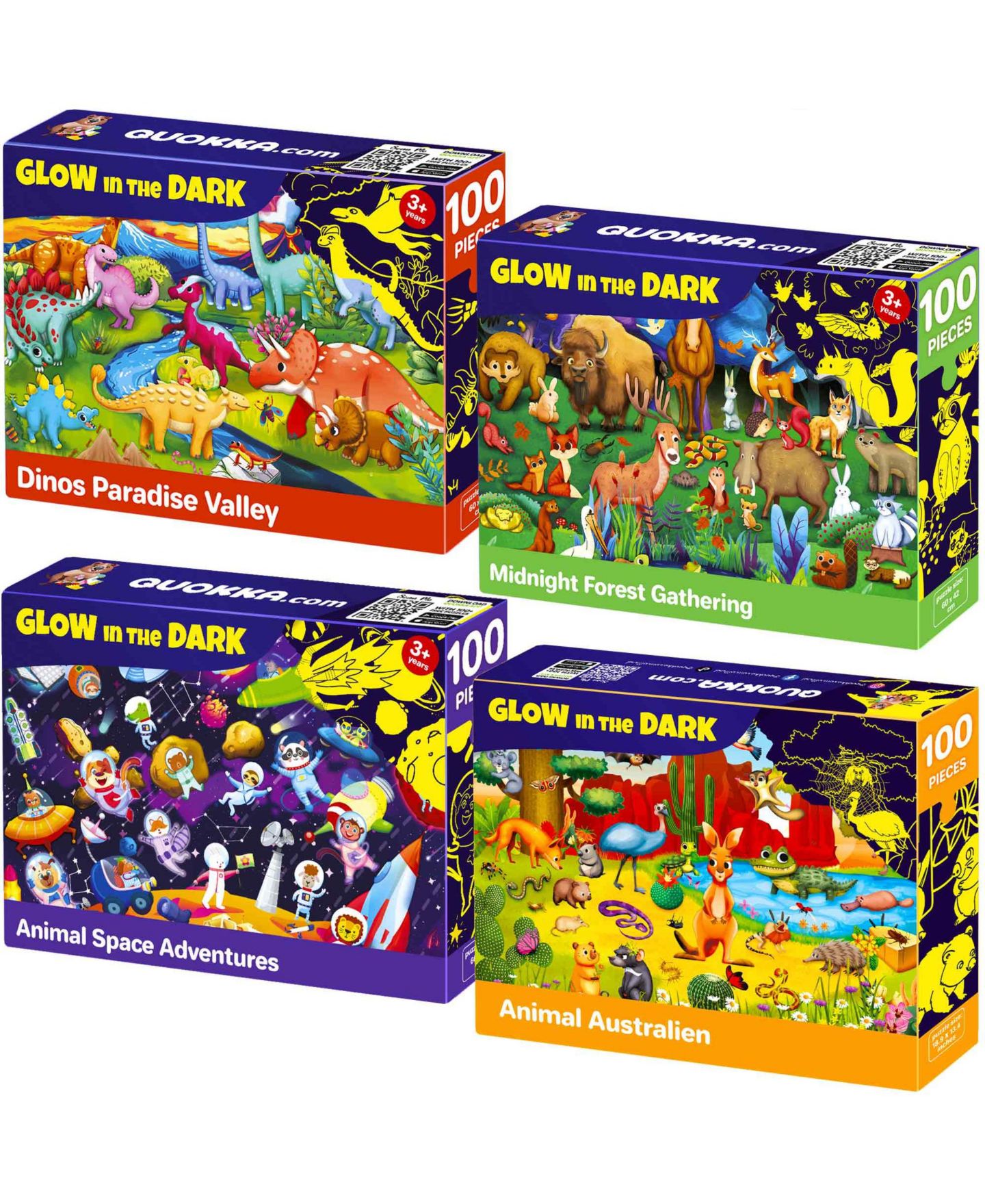 Детский пазл Quokka Glow-in-the-Dark Dinosaurs 4x100 Piece Puzzle, Ages 3+, цвет: Spacedinosaursanimals — фото 1