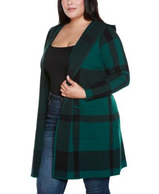 Plus Size Hooded Plaid Coatigan Sweater