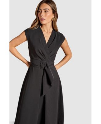 Women's Belted Crepe V-Neck Midi Dress.