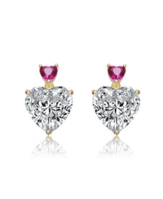 Sterling Silver 14K Gold Plated with Green, Red, or Blue Cubic Zirconia Two-Stone Heart Stud Earrings