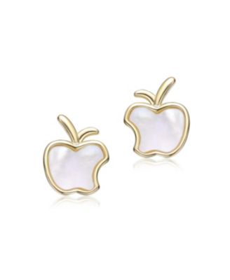 14K Gold Plated With White Mother Of Pearl Apple Design Studs Earrings For Kids