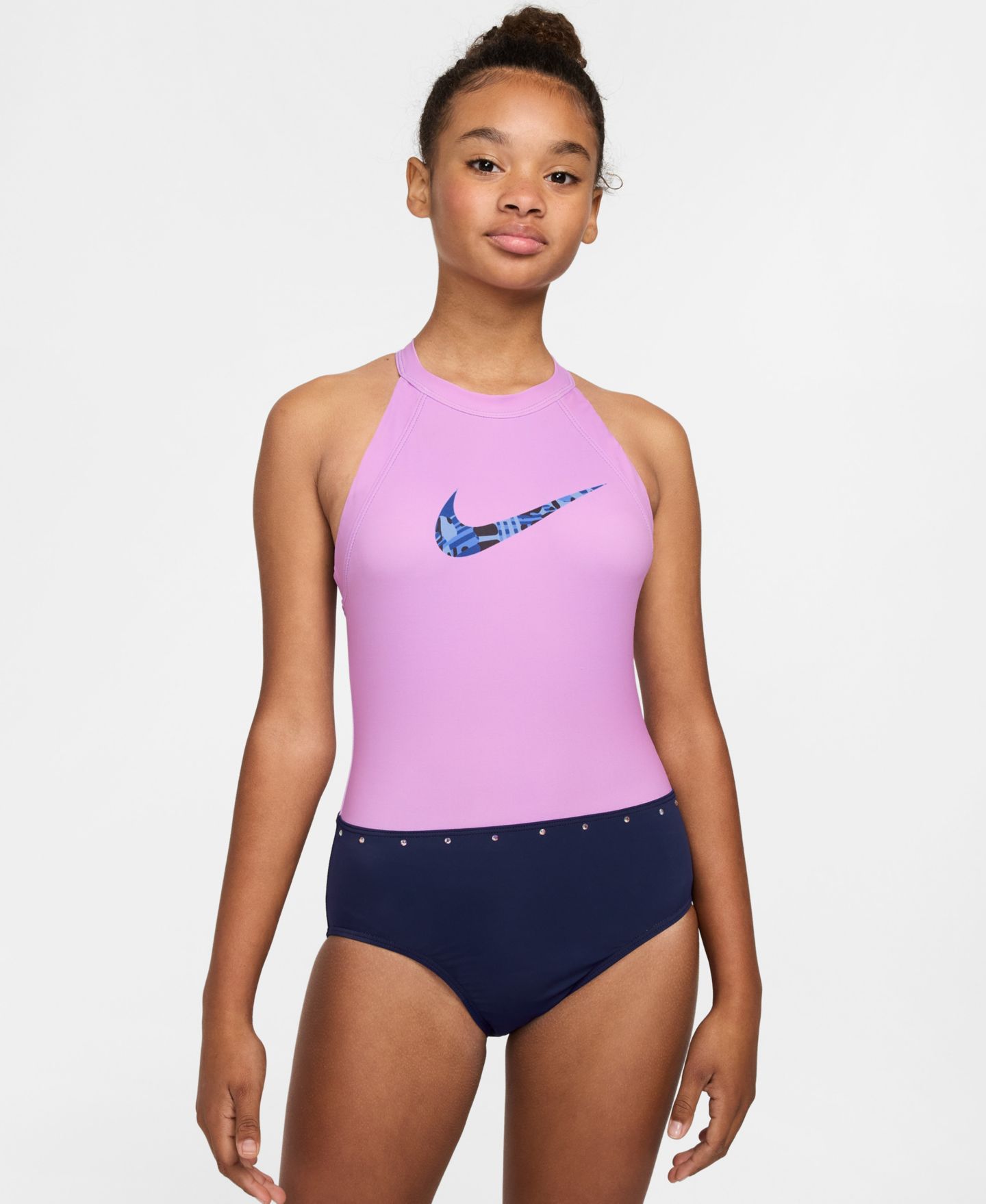 Детский гимнастический купальник Nike Gymnastics с вырезом халтер, 7-16, цвет: Розовый / Синий — фото 1