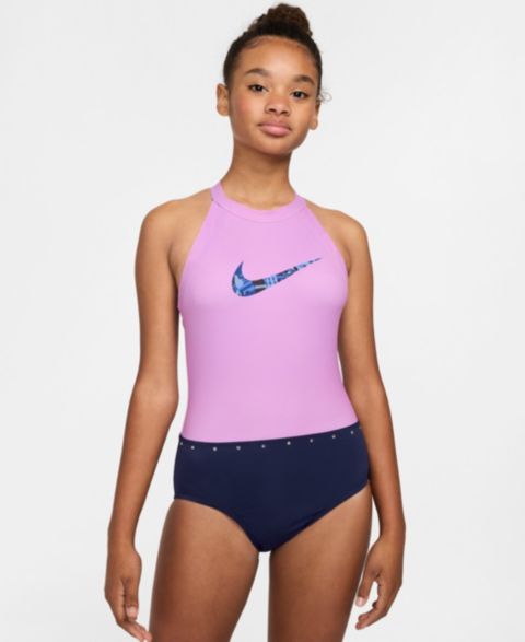 Детский гимнастический купальник Nike Gymnastics с вырезом халтер, 7-16, цвет: Розовый / Синий
