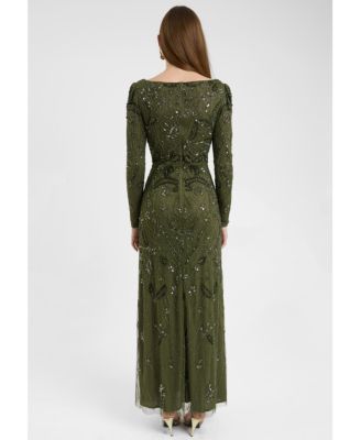 Women's Modest Embellished Sequin Beaded Dress Maxi With Wide Neck