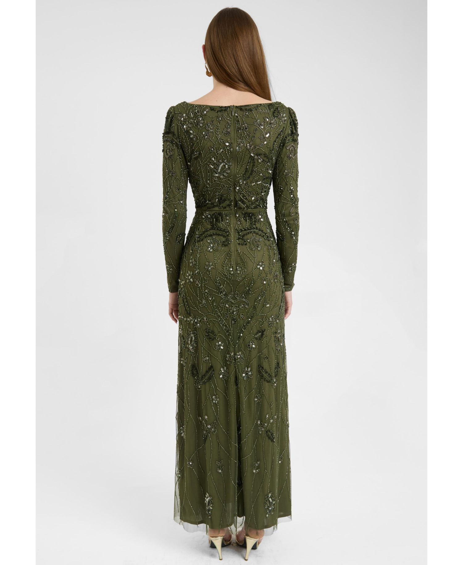 Women's Modest Embellished Sequin Beaded Dress Maxi With Wide Neck