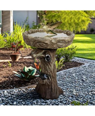23 Inch High Wood-Look Concrete Bird Bath with Decorative Faux Bird – Birdbath Rustic & Long-Lasting Design, Enhances Garden