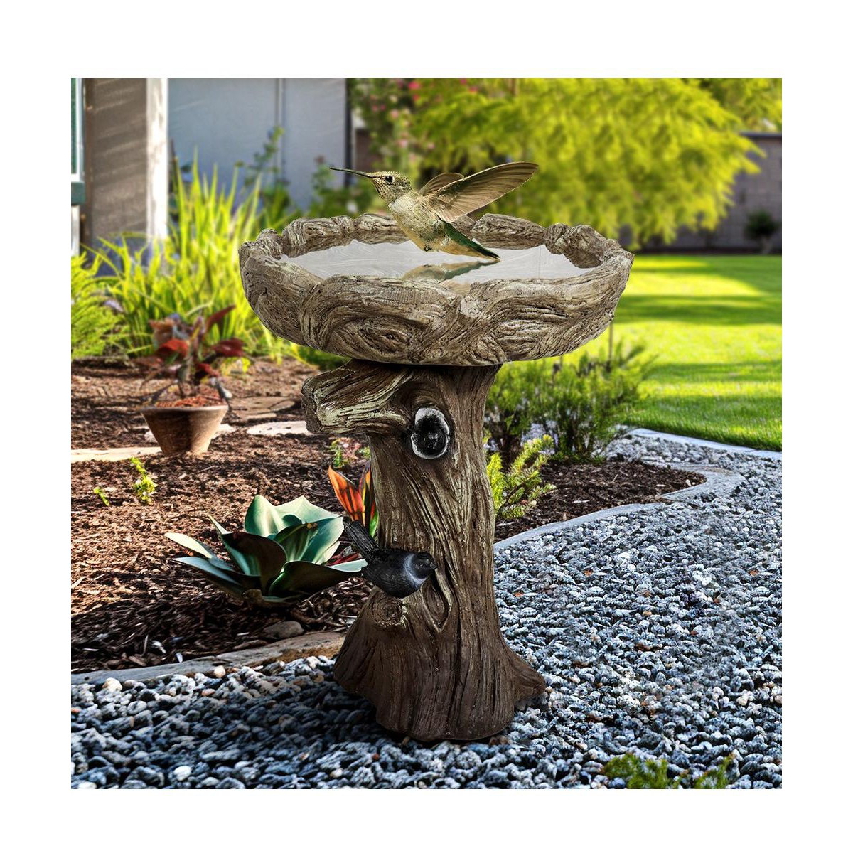 SunJet 23 Inch High Wood-Look Concrete Bird Bath with Decorative Faux Bird – Birdbath Rustic & Long-Lasting Design, Enhances Garden