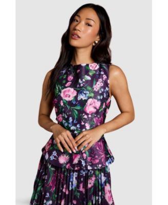 Women's Structured Print Pleated Midi Dress