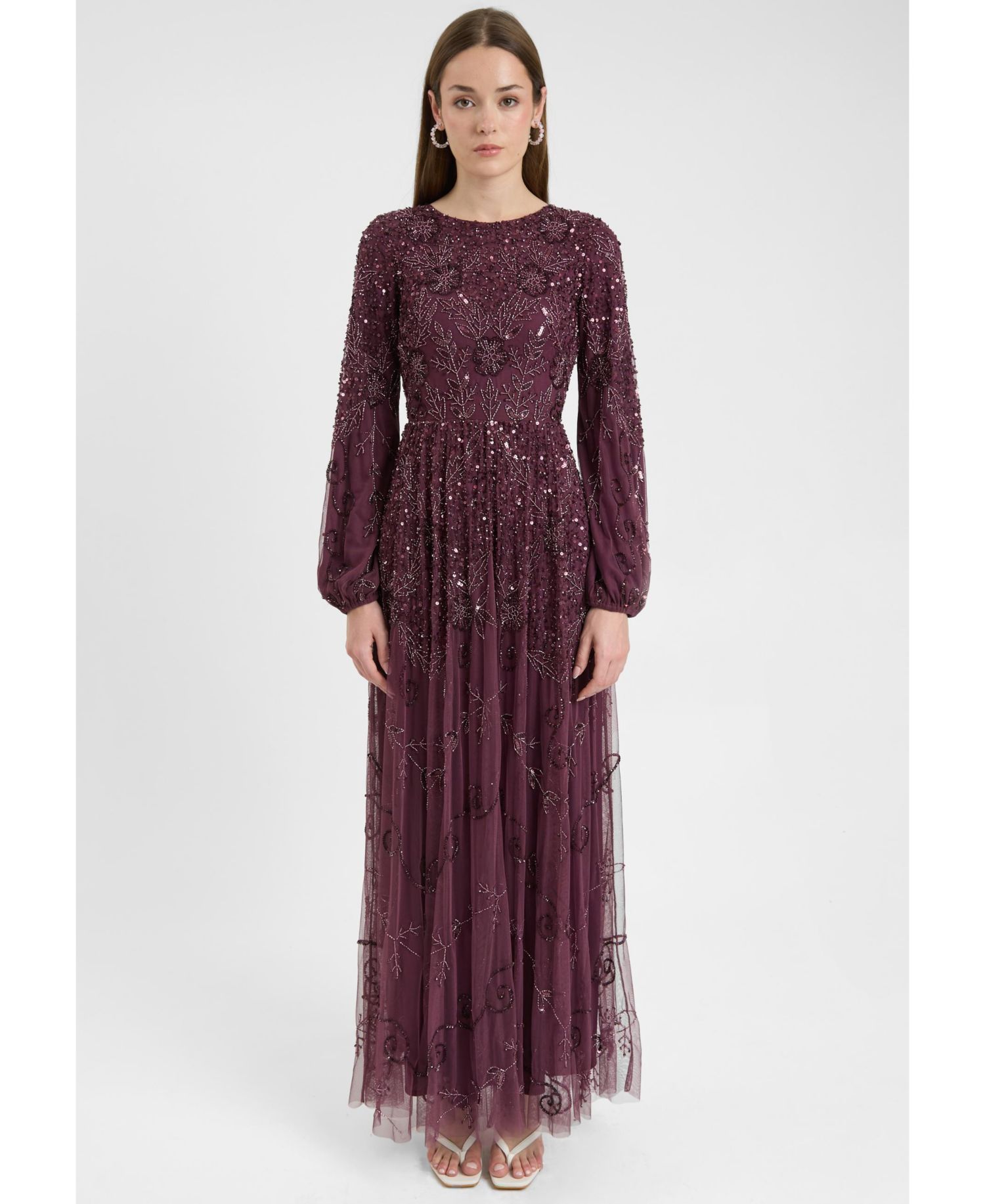 Women's Modest Embellished Sequin Beaded Dress Maxi With Boat Neck