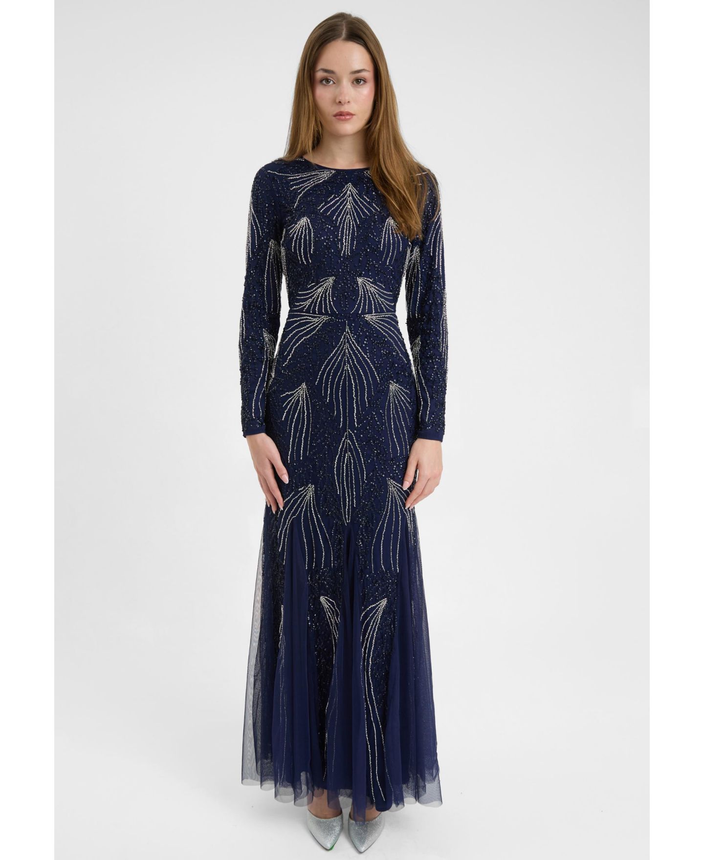 Женское платье Maryisa Modest Embellished Sequin Beaded Dress Maxi With Designer Bottom, цвет: Ночной синий — фото 1