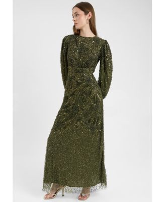 Women's Modest Embellished Sequin Beaded Dress Maxi With loose Cuff Sleeves