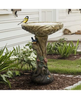 25.5 Inch Heigh Wood-Look Concrete Bird Bath with Decorative Faux Bird – birdbath Rustic & Long-Lasting Design, Enhances Garden