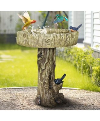 24.4" Wood-Look Concrete Bird Bath with faux bird, rustic and durable design for garden decor.