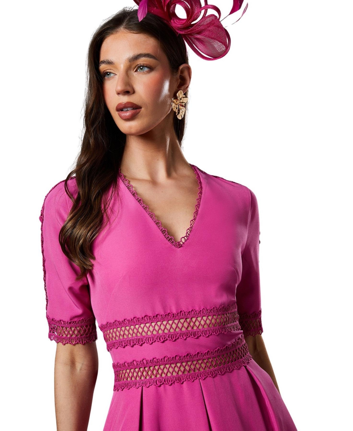 Coast Women's Crochet Insert Crepe V Neck Midi Dress