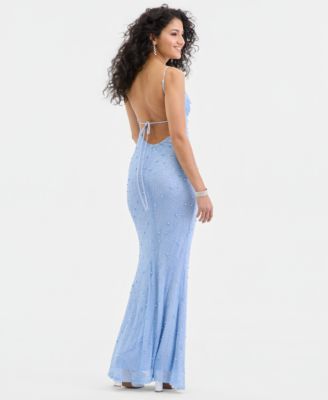 Juniors' Cowl-Neck Beaded Sleeveless Gown 
