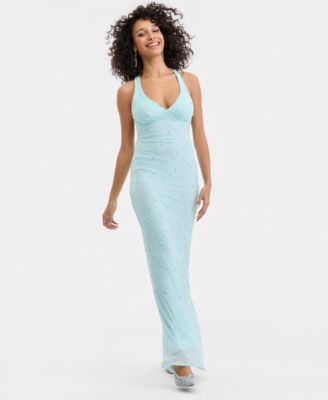 Juniors' V-Neck Low-Back Bead-Embellished Gown 