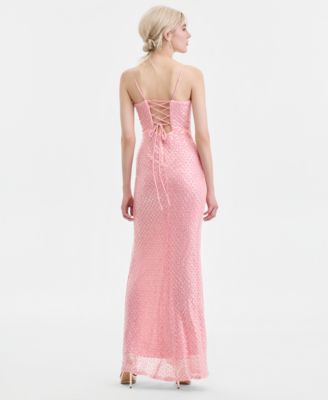 Juniors' Beaded V-Neck Lace-Up-Back Gown 