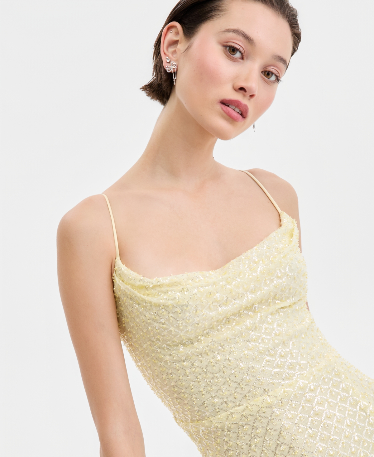 B Darlin Juniors' Beaded V-Neck Lace-Up-Back Gown