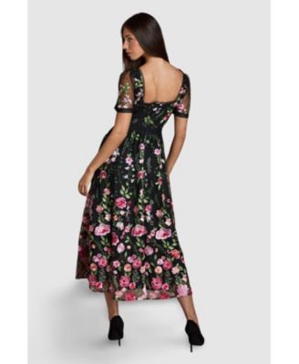 Women's Lace Trim Embroidered Mesh Midi Dress