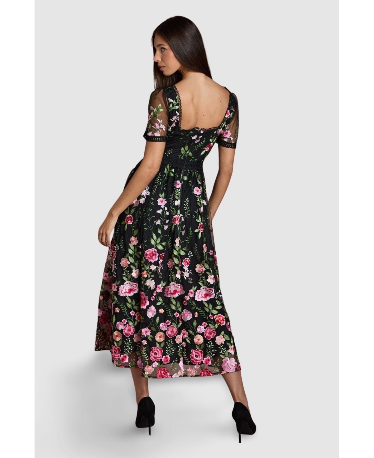 Coast Women's Lace Trim Embroidered Mesh Midi Dress