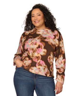 Democracy - Plus Size Floral Printed Long-Sleeve Sweater