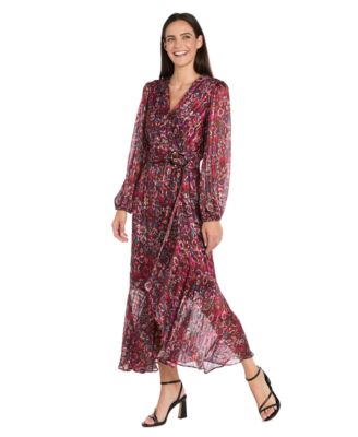 R & M Richards - Women's Long-Sleeve Mock Surplus Wrap Printed Dress