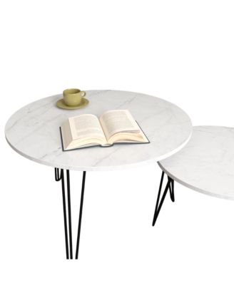 27.56 Inch Round Nesting Coffee Table Set of 2 with Marble Tabletop and Metal Base