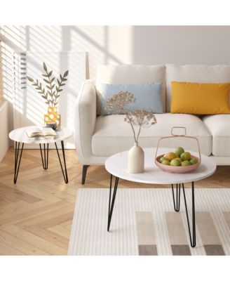 27.56 Inch Round Nesting Coffee Table Set of 2 with Marble Tabletop and Metal Base