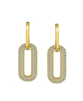 Modern Set of 2 Geometric Vertical U Rectangle Micro Pave CZ Dangling Chain Link Paperclip Earrings Gold Plated